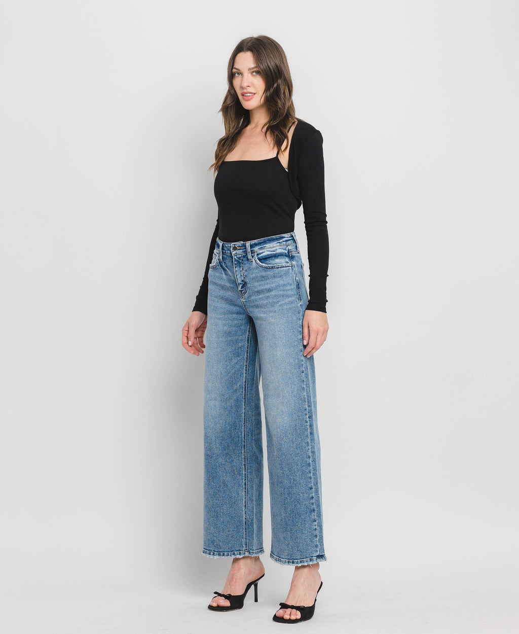 High Rise Wide Leg Jeans - Full Length Comfort Stretch Denim