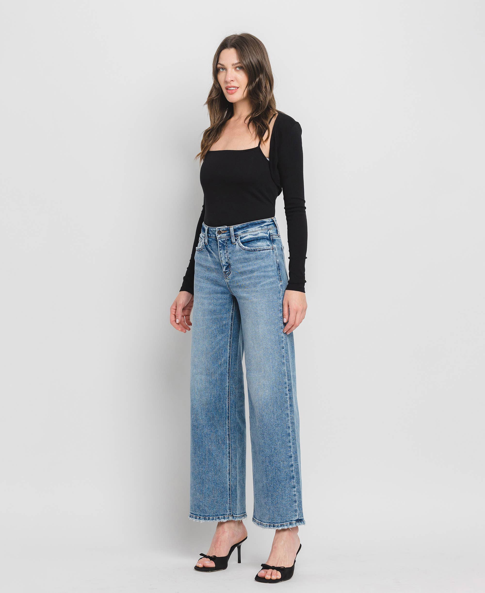High Rise Wide Leg Jeans - Full Length Comfort Stretch Denim