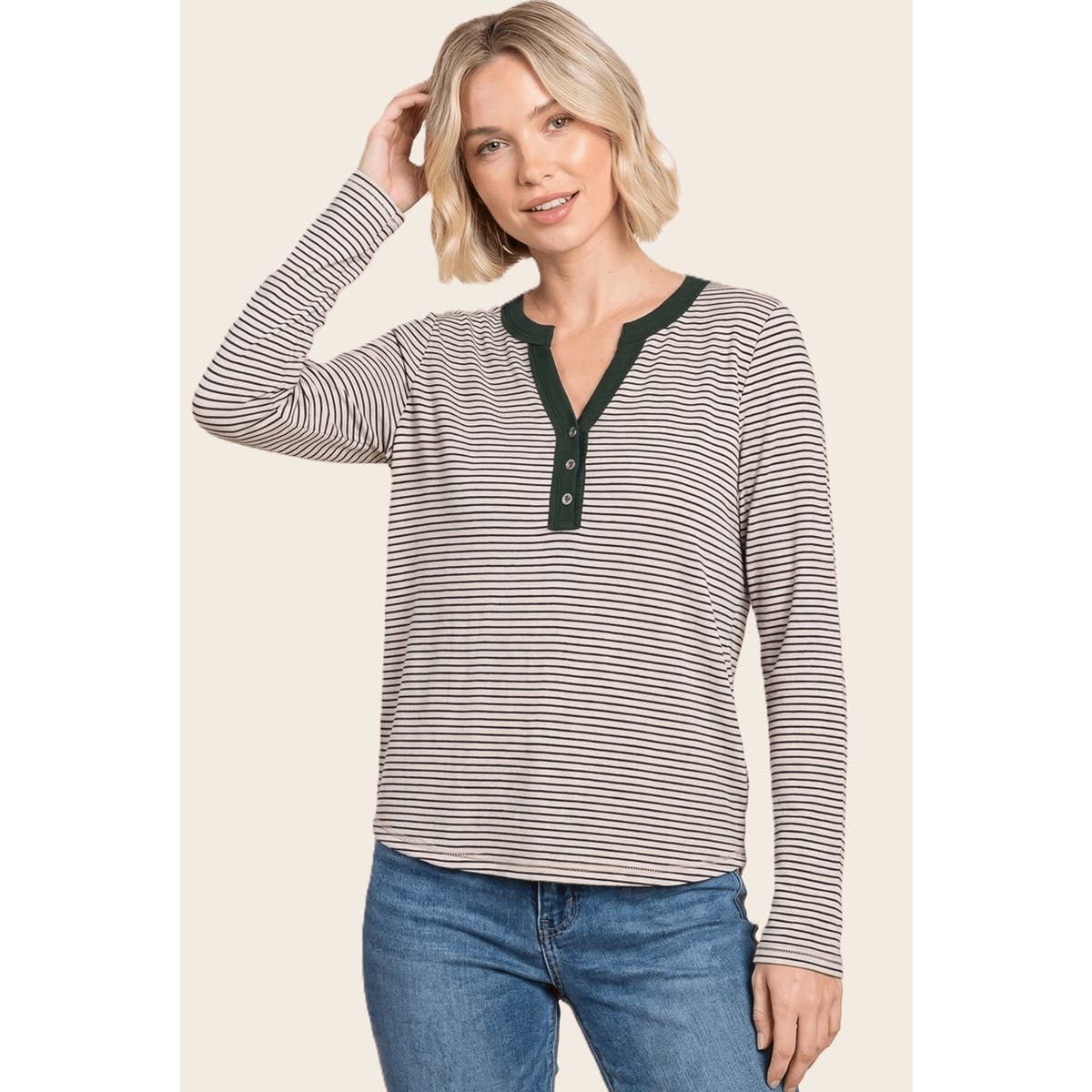Y-Split Button Neck Striped Top