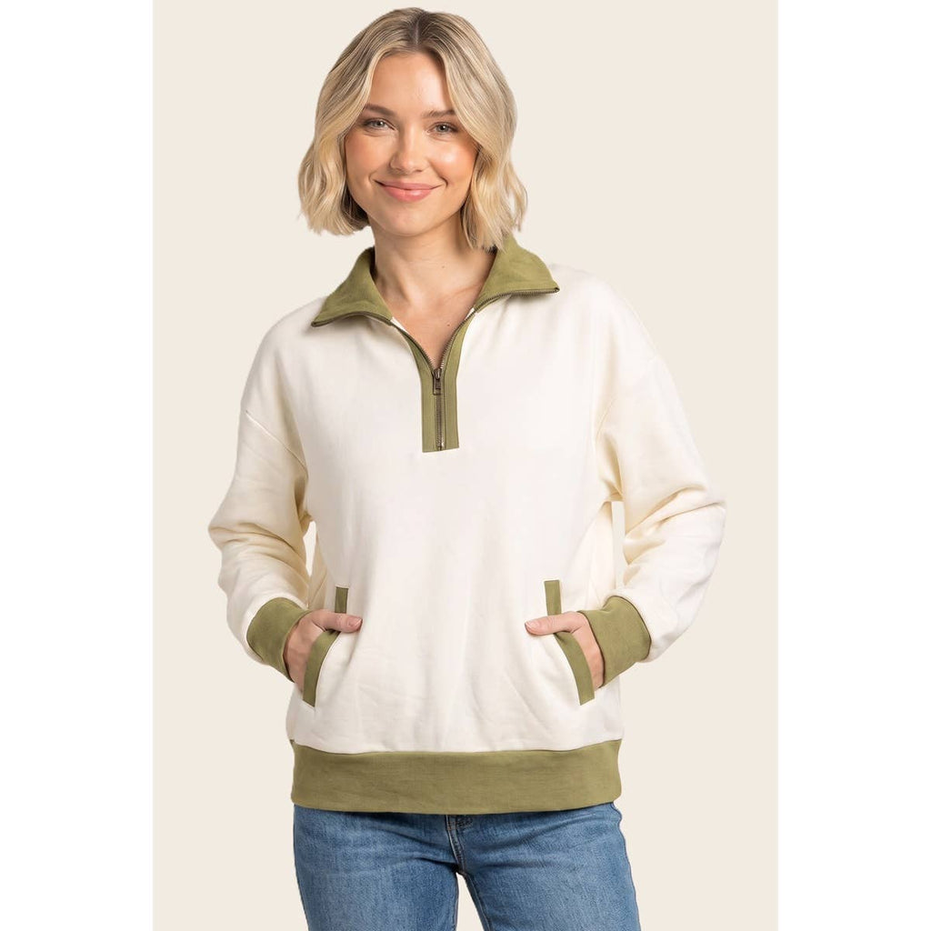 MOCK NECK HALF ZIP COLOR BLOCKED SWEATSHIRT
