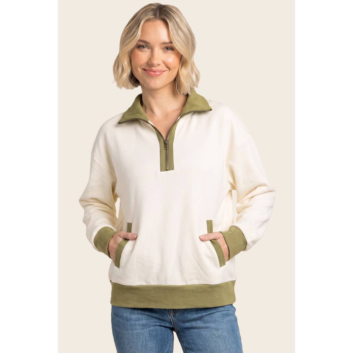 MOCK NECK HALF ZIP COLOR BLOCKED SWEATSHIRT