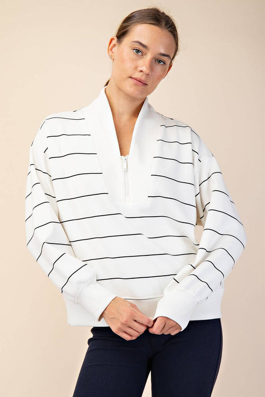 CREAM & BLACK STRIPE V-NECK SHIRT Fall-Winter Rae Mode