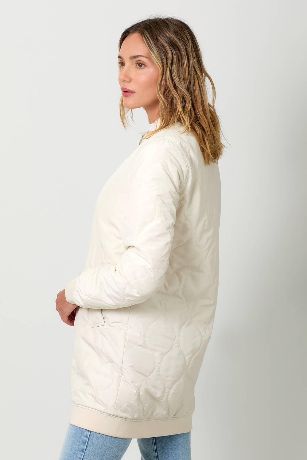 Mystree - 60268 Quilted Long Bomber Jacket Mystree