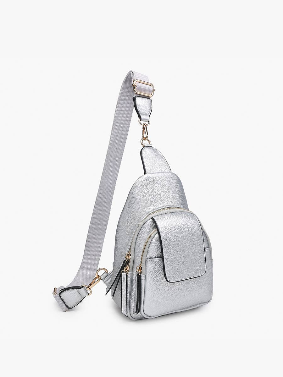 Sophia Sling Bag with flapover pocket, front snap and zipper pockets, adjustable strap, in fall style