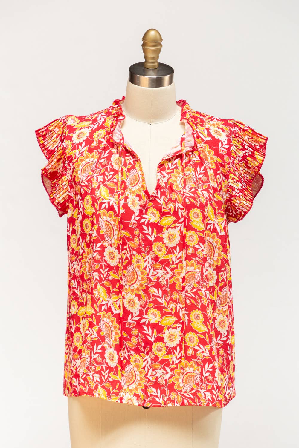 Pleated Sleeve V neck Print Top Spring-Summer VOY
