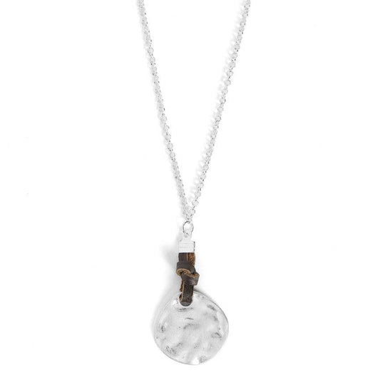 Leather Knot Hammered Disc Necklace - Silver Whispers