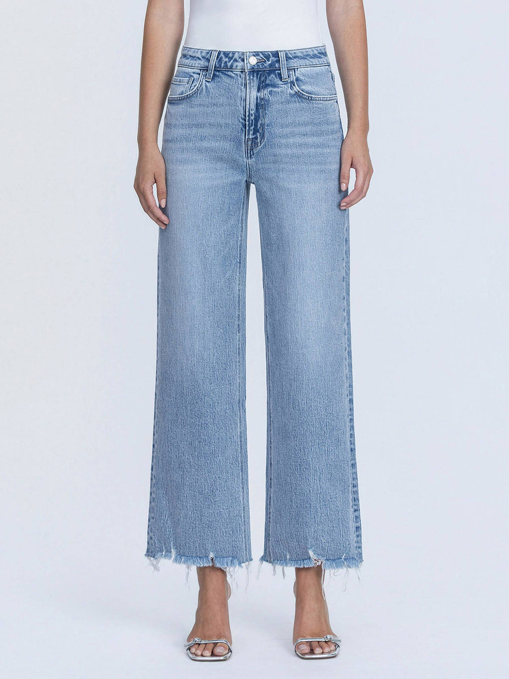 MID RISE FRAYED HEM ANKLE WIDE LEG JEANS T7279