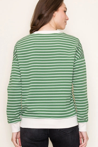 Green Color Contrasted Bands Texture Striped Long Sleeve Pullover Fall-Winter Staccato