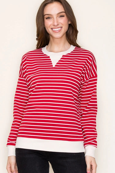 Red Color Contrasted Bands Texture Striped Long Sleeve Pullover Fall-Winter Staccato