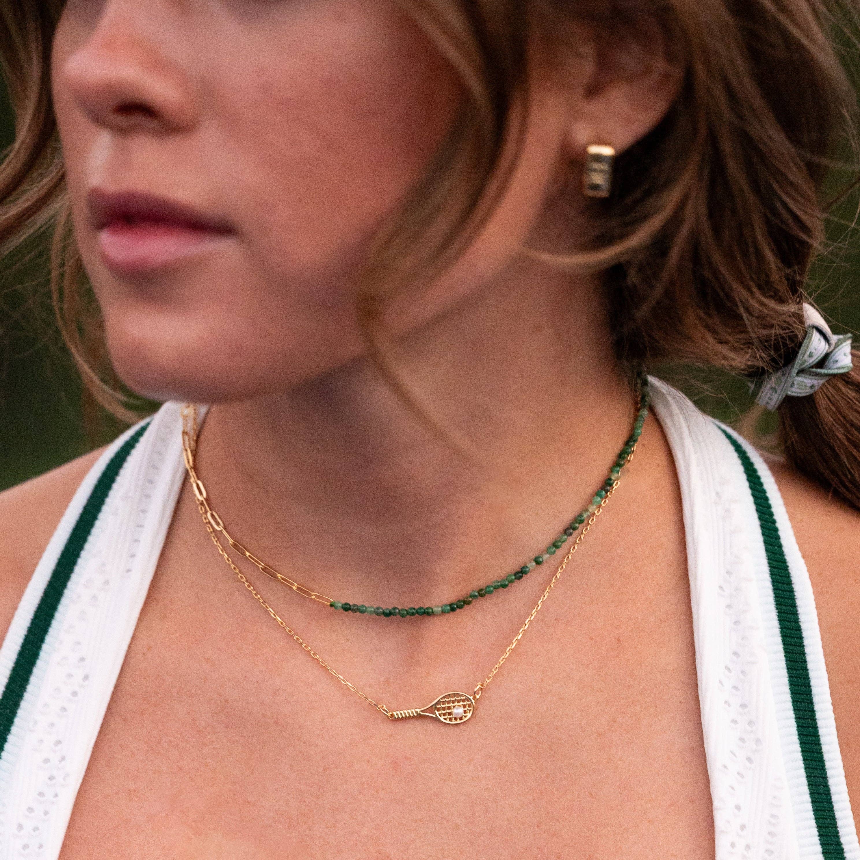 K'lani hair tie bracelets - "Ace" Gold Tennis Racket with Green Beads Necklace Set