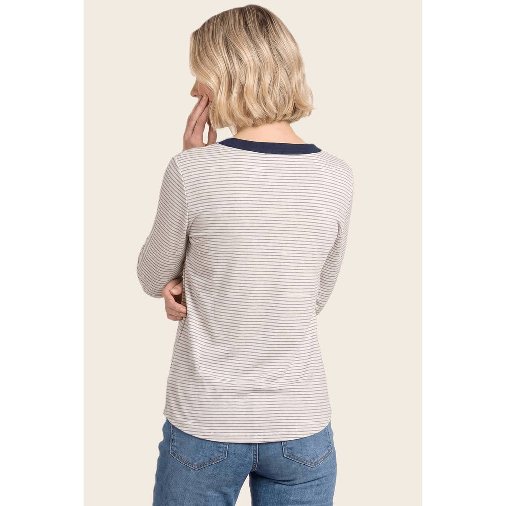 Y-Split Button Neck Striped Top