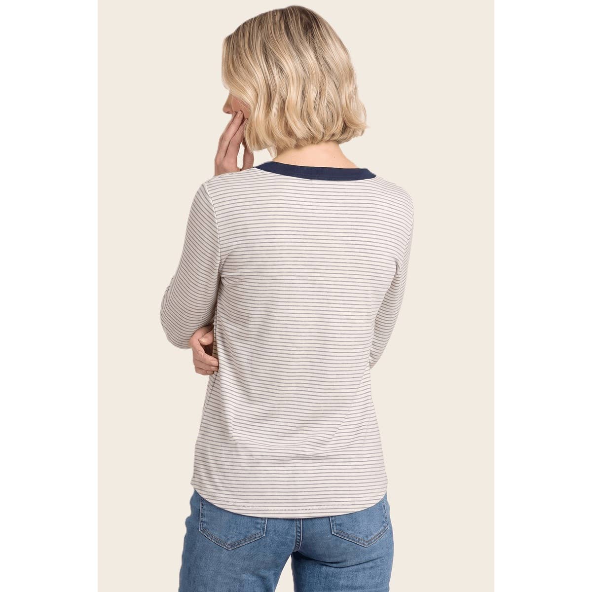 Y-Split Button Neck Striped Top