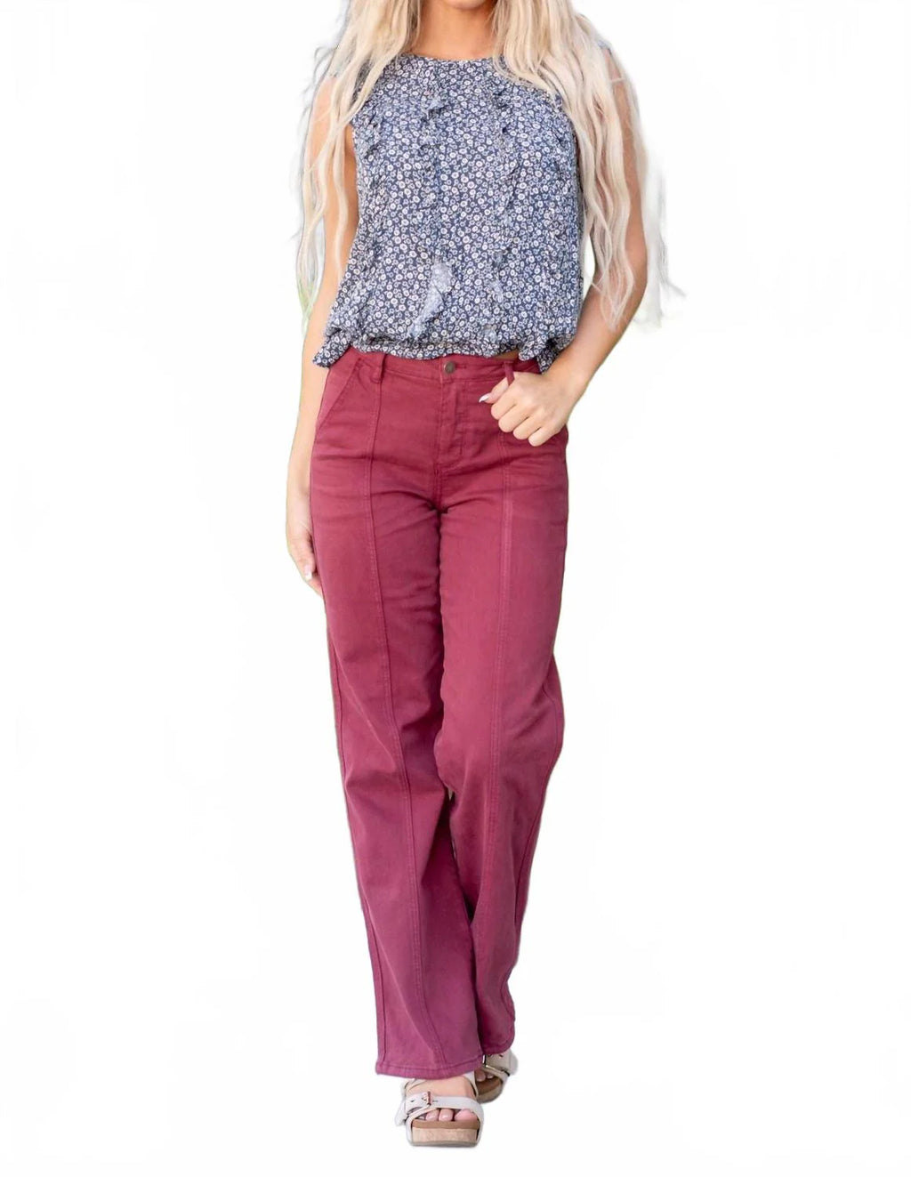 high rise front seam straight pants in burgandy