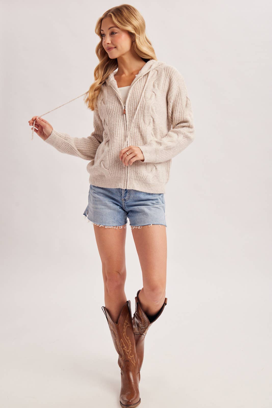 CABLE KNIT SWEATER CARDIGAN WITH HOOD