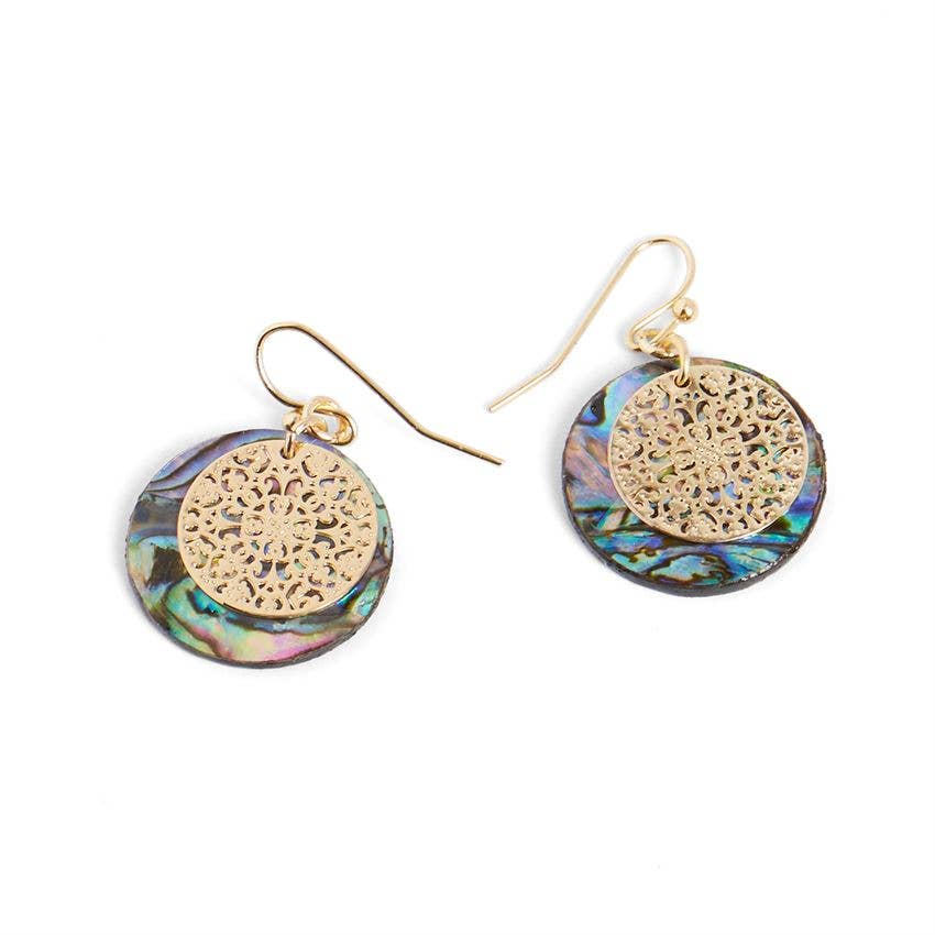 Abalone Circle w Gold Design Dangle Earrings  Whispers