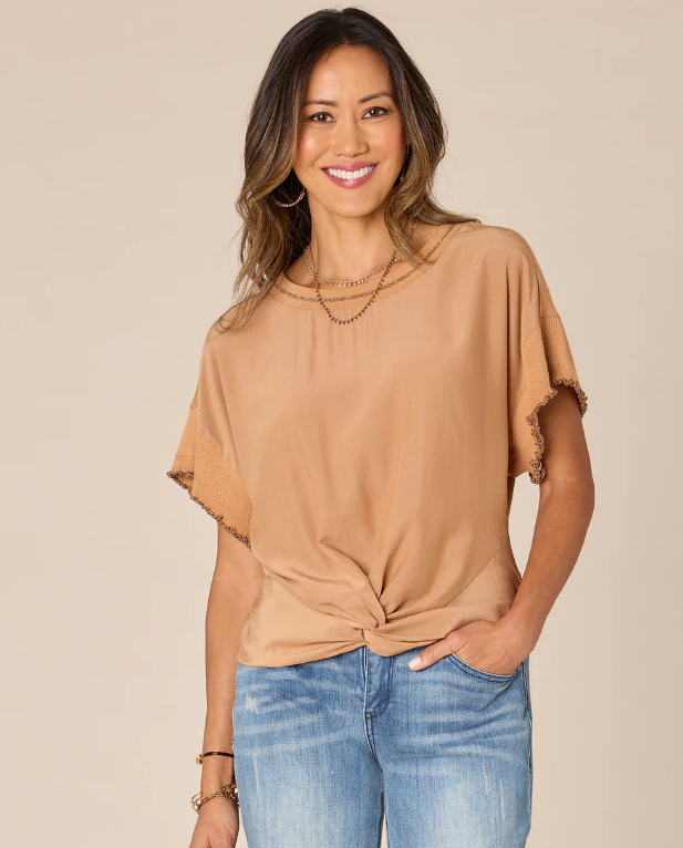 Extended Short Sleeve Round Neck Woven Top with Metallic Tipping Spring-Summer JOOR - Democracy