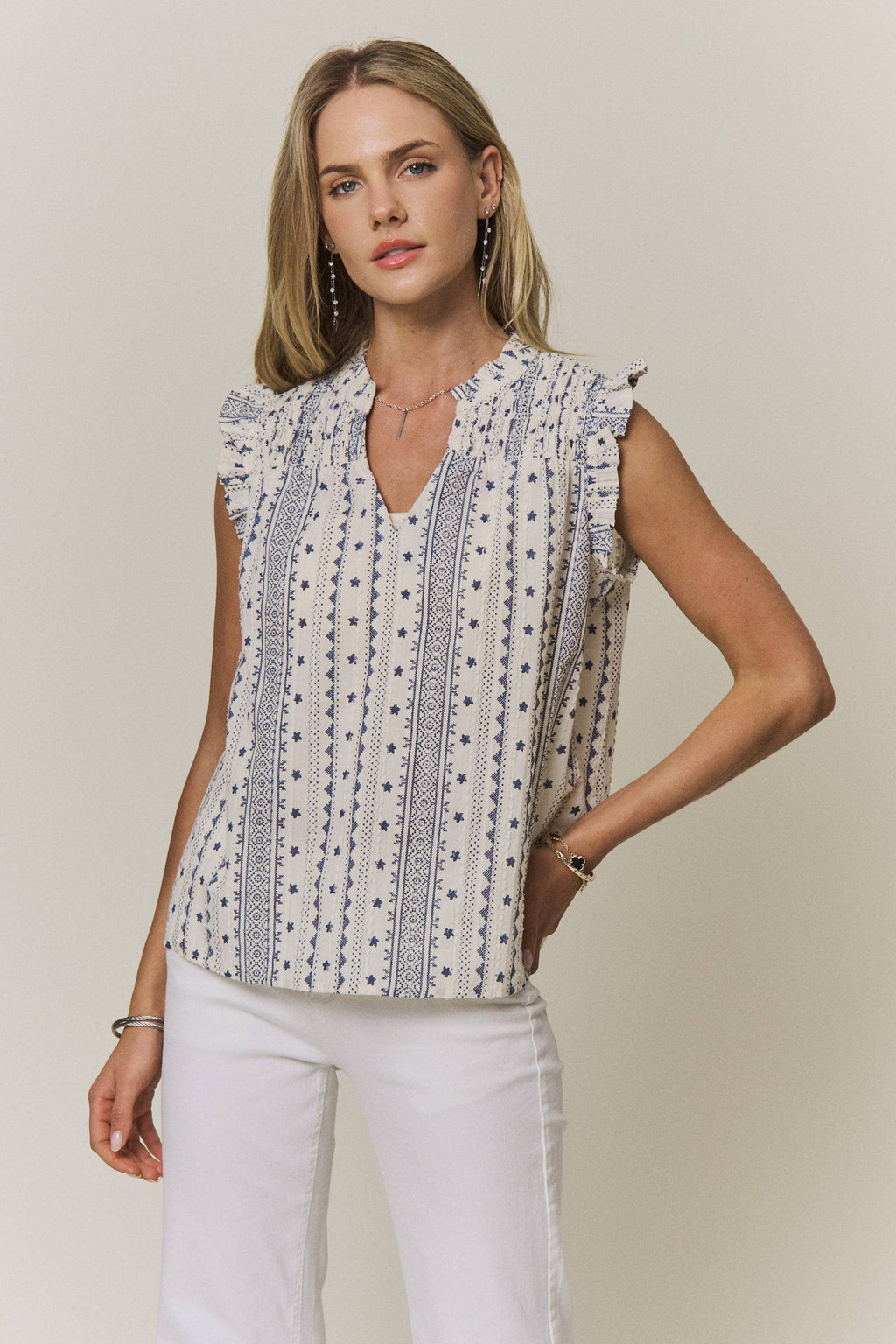 Boho Print Ruffle Cap Sleeve Blouse