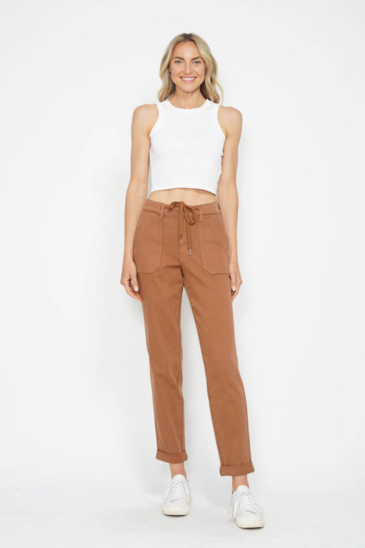 High Waisted Camel Cuffed Jogger Fall-Winter Judy Blue-MaxRetail