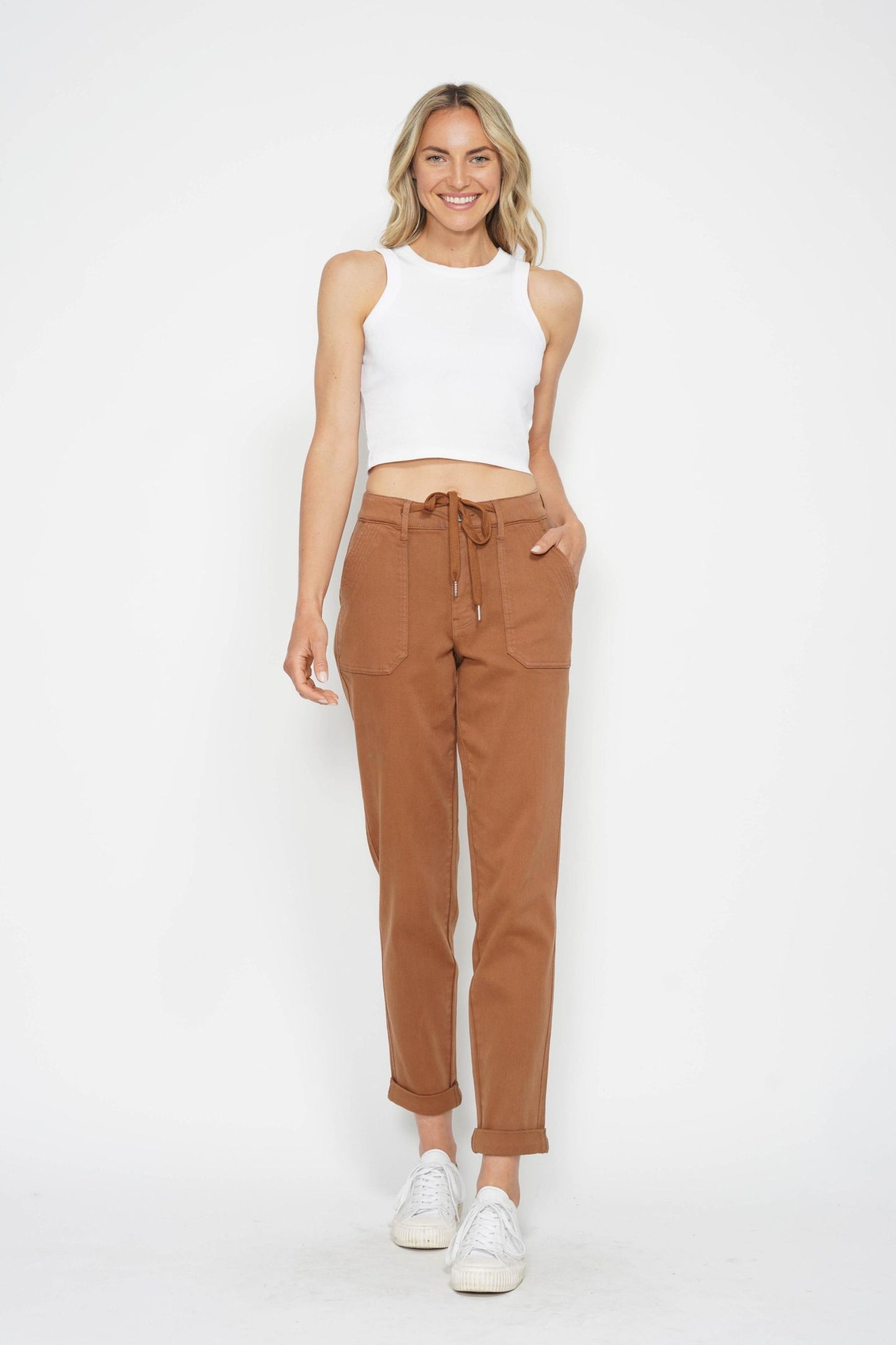 High Waisted Camel Cuffed Jogger Fall-Winter Judy Blue-MaxRetail