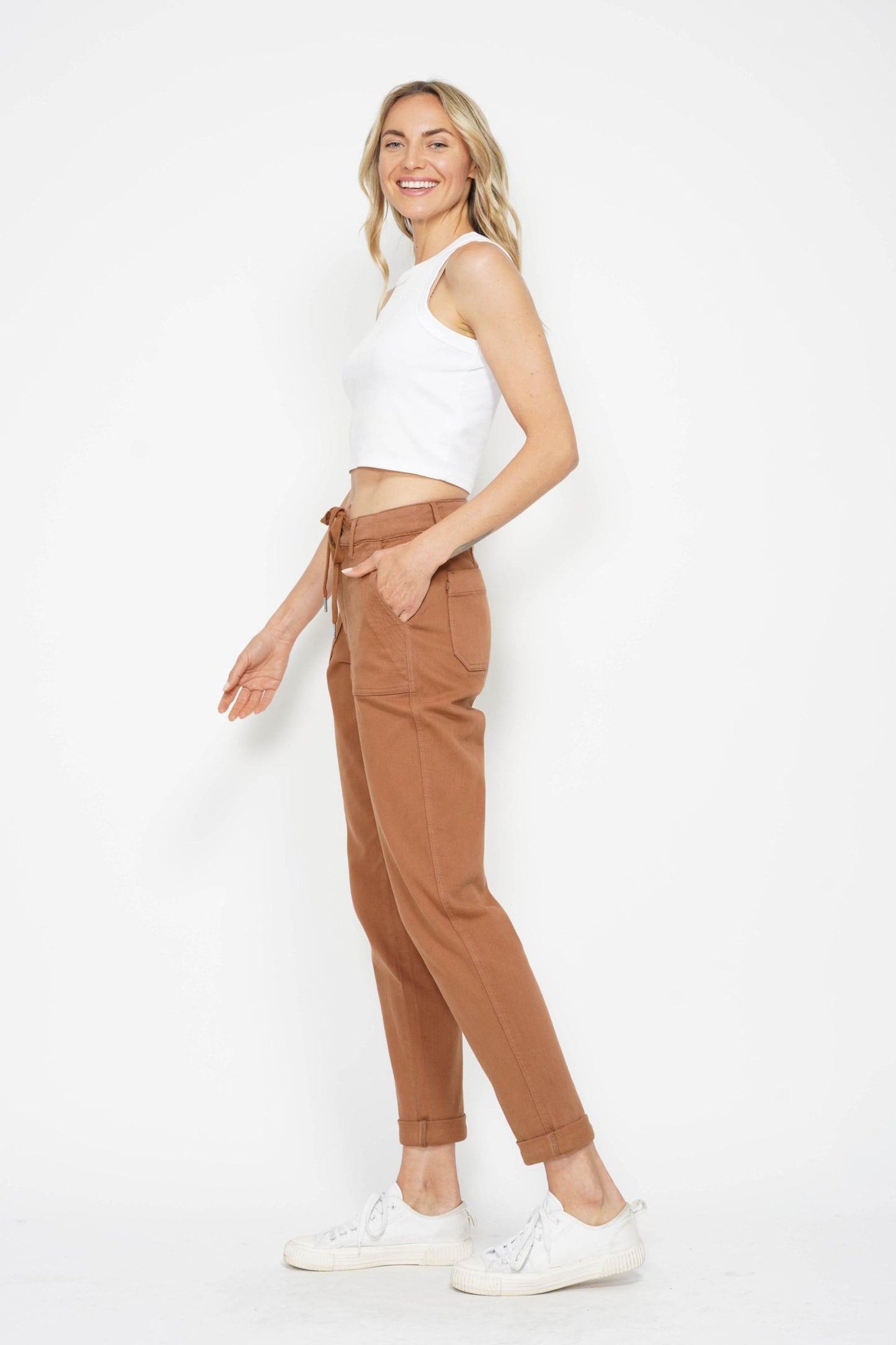 High Waisted Camel Cuffed Jogger Fall-Winter Judy Blue-MaxRetail