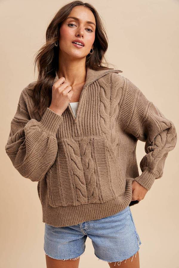 Fawn V-Neck Chunky Cable Knit Half Zip Sweater