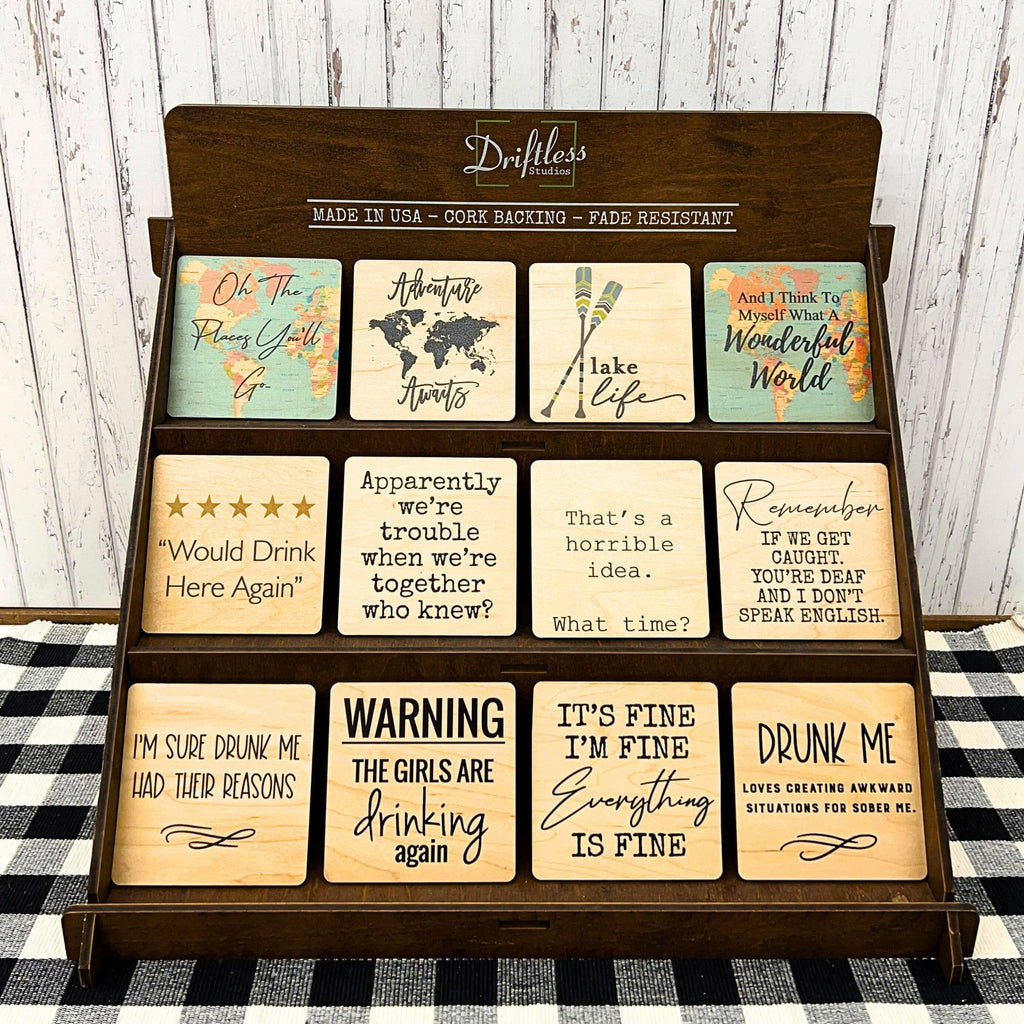Wooden coasters with humorous "Drunk Me Had Their Reasons" text and cork backing, durable UV coating, perfect for home bar use