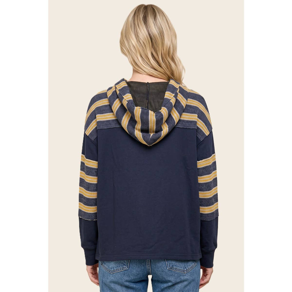 STRIPE MIXED DRAWSTRING HOODIE