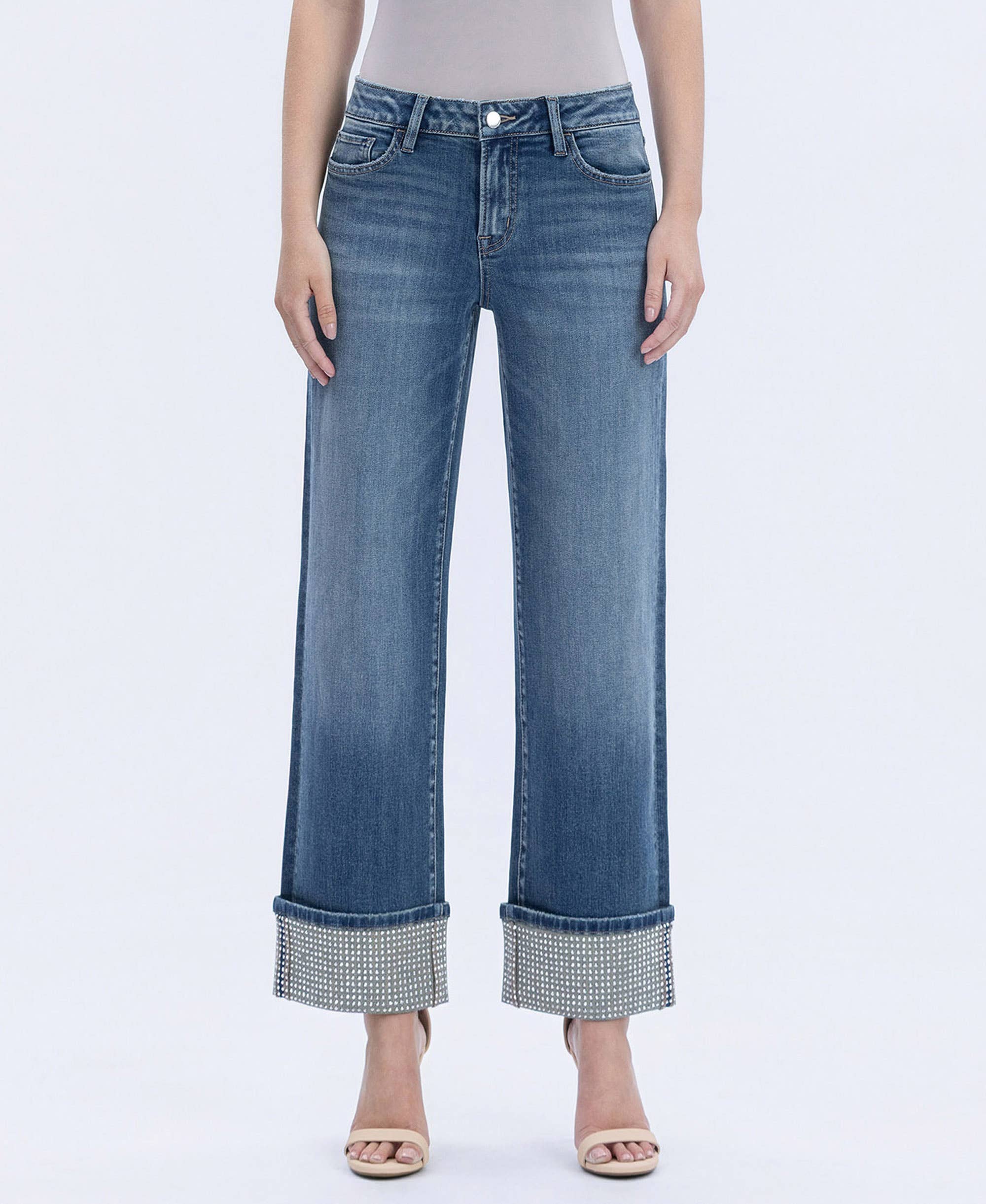 Wide Leg Cuffed Jeans – Mid Rise Mineral Silver Slim Wide Ankle Denim