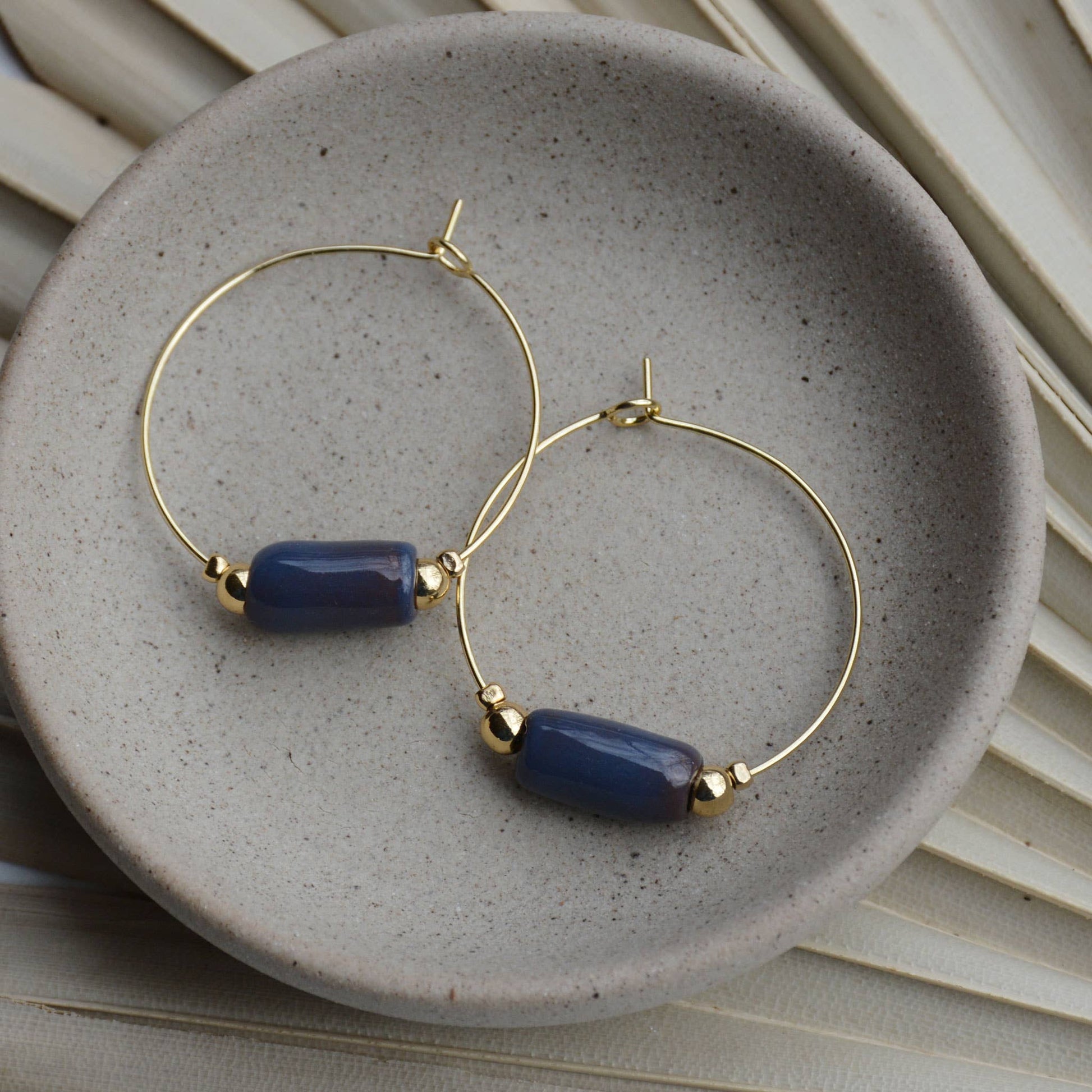 River | Cylinder Clay Bead Gold Hoop Earrings Core Bel Koz Haiti