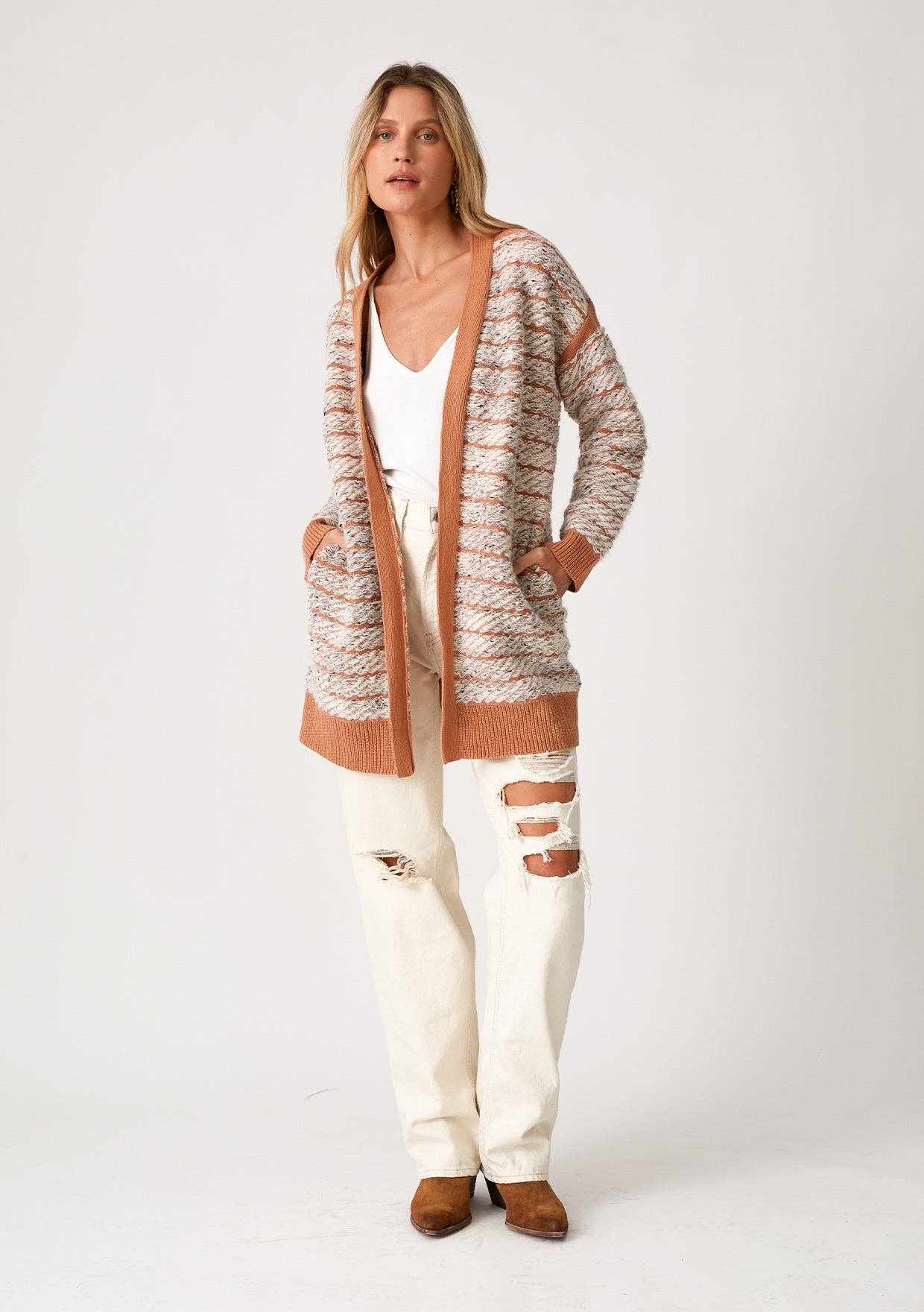 Lovestitch - Contrast Trim Speckled Loop Open Front Cardigan Lovestitch