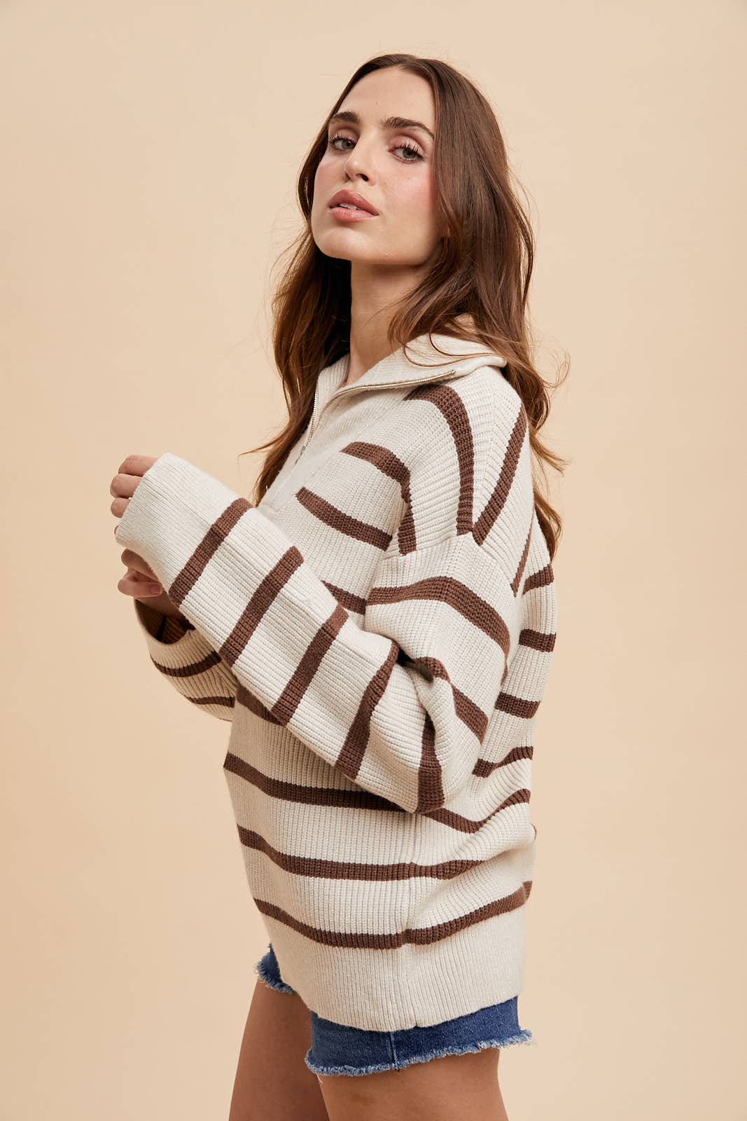 CREME/LATTE STRIPED HALF ZIP KNITTED PULLOVER Fall-Winter In Loom