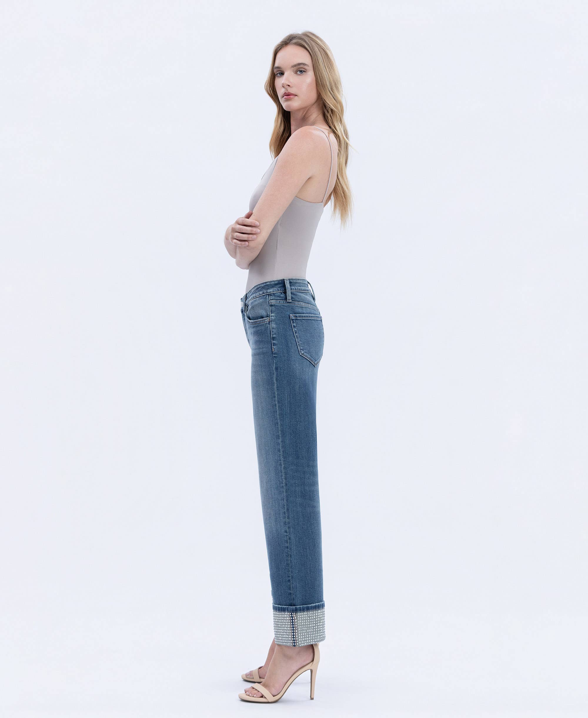 Wide Leg Cuffed Jeans – Mid Rise Mineral Silver Slim Wide Ankle Denim