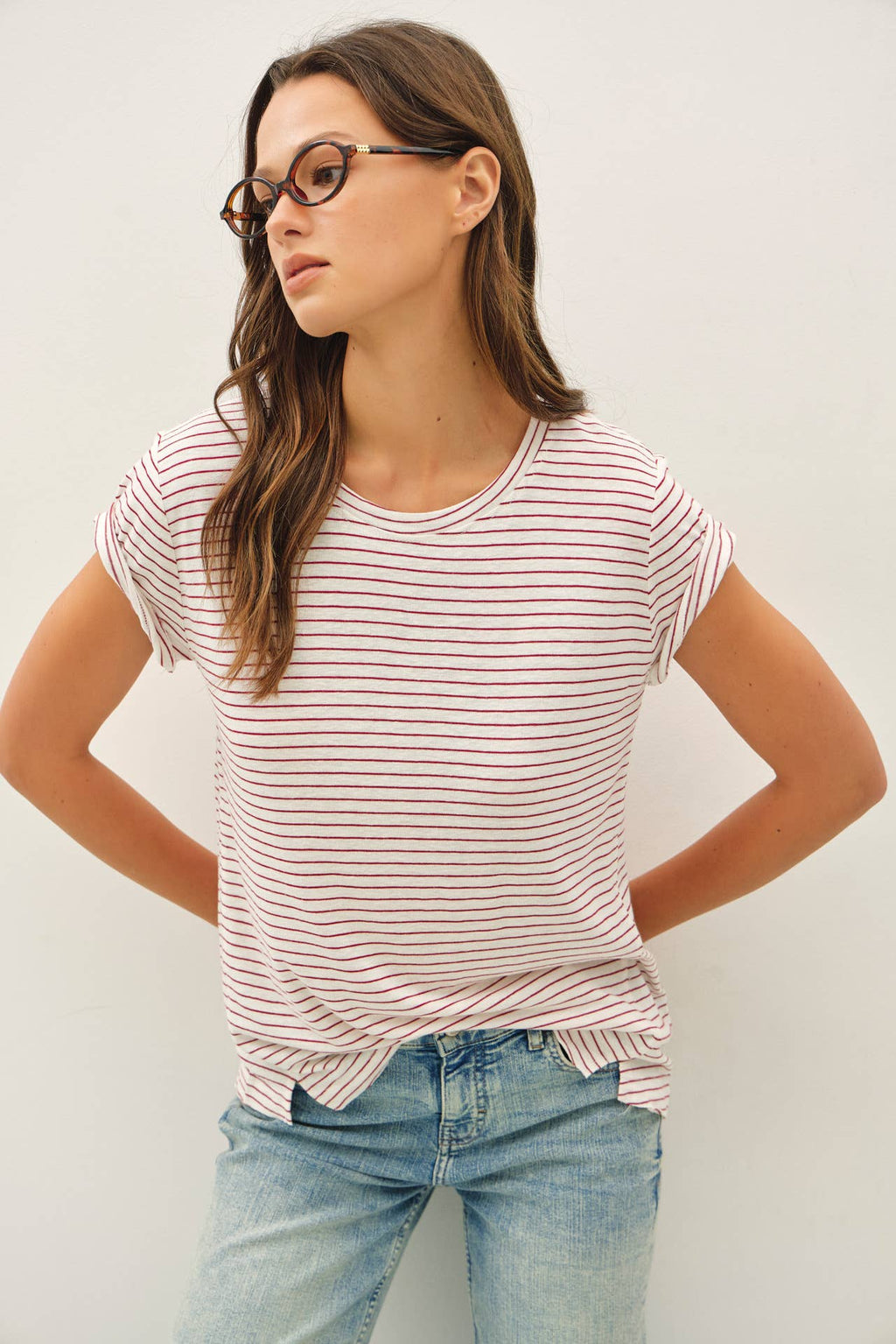 LINEN BLENDED STRIPED RELAXED TEE