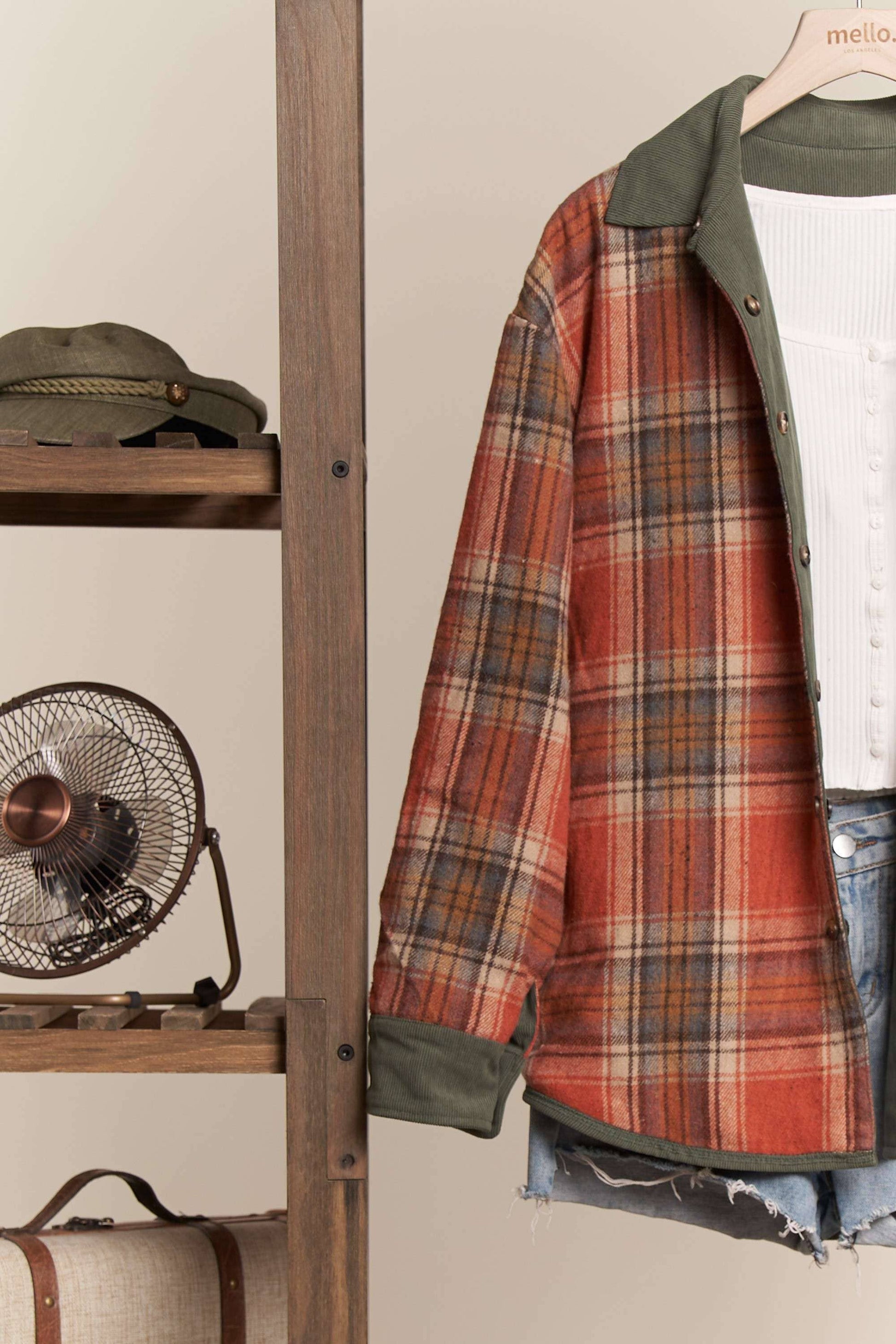 Reversible Corduroy and Plaid Button Down Shacket Mello.