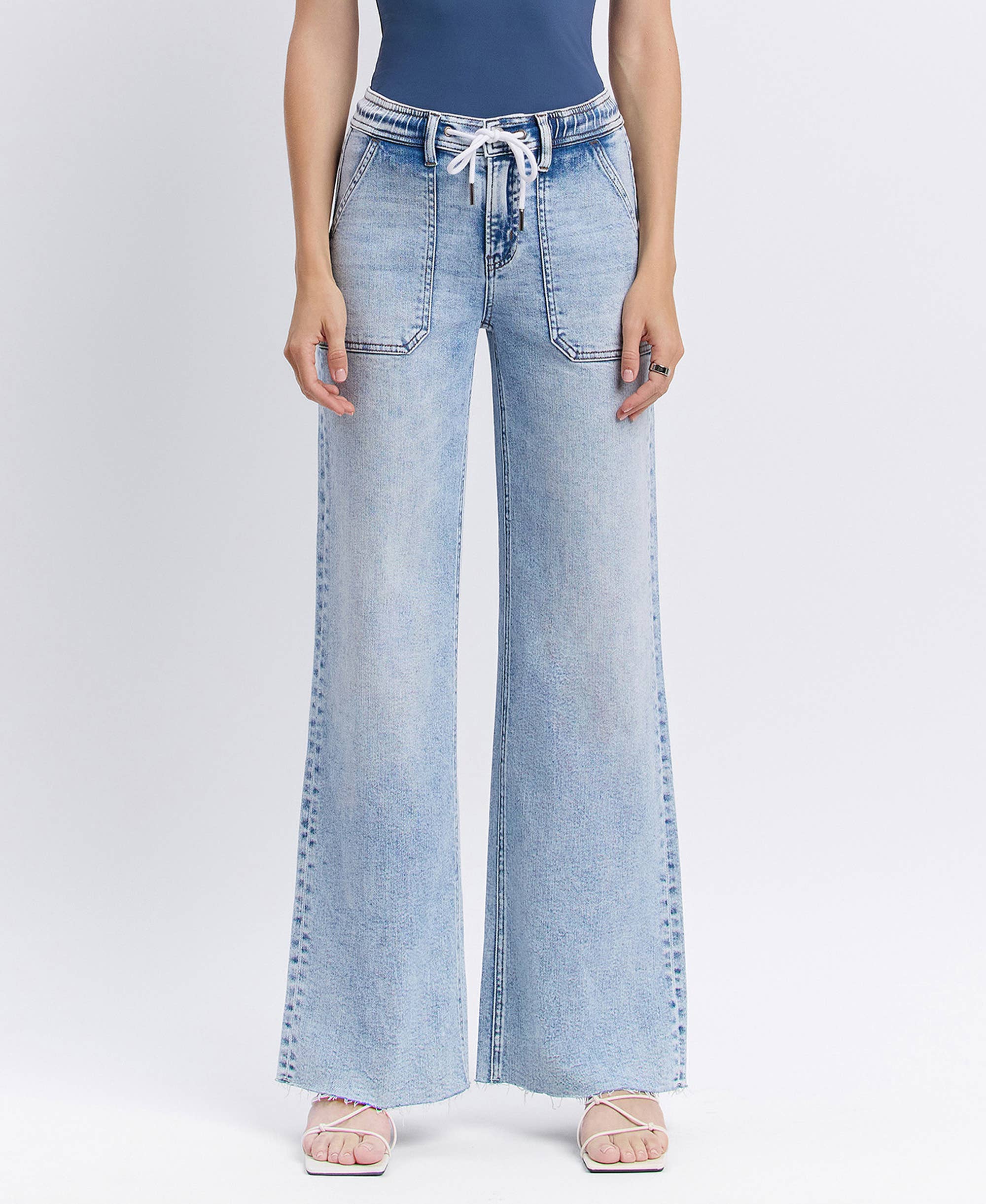 FLYING MONKEY - HIGH RISE DRAWSTRING WAISTBAND WIDE LEG JEANS F6065 FLYING MONKEY