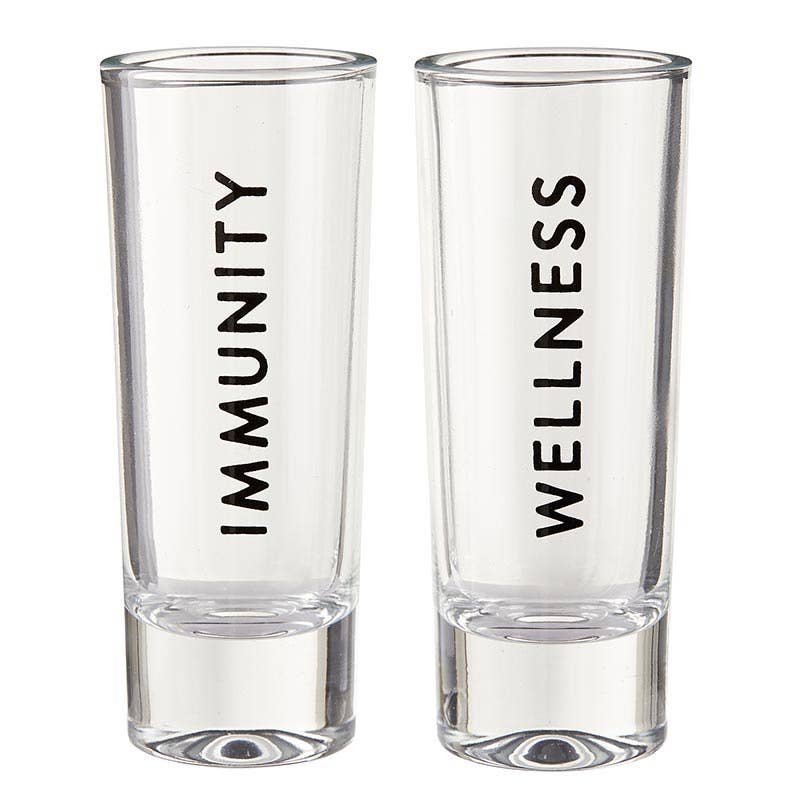 Set of two clear elixir glasses labeled Immunity and Wellness from the Elixir Glass Book Box with recipe guide for self care shots.