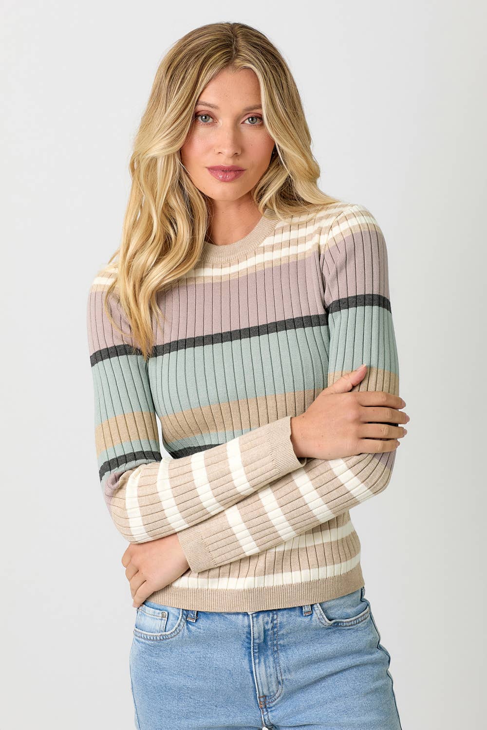 Ivory & Latte Color Block Striped Sweater Top Fall-Winter Mystree