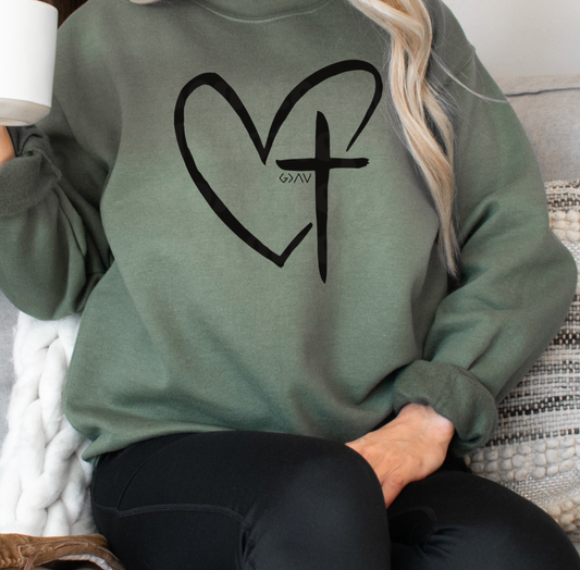 Faith Heart Cross Crewneck In Olive Fall-Winter 85th Avenue Shop