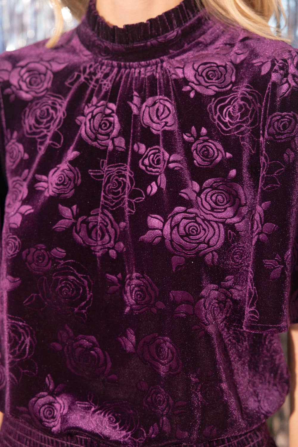 34627 Floral Pleated and Smocked Velvet Top: Purple Fall-Winter VOY