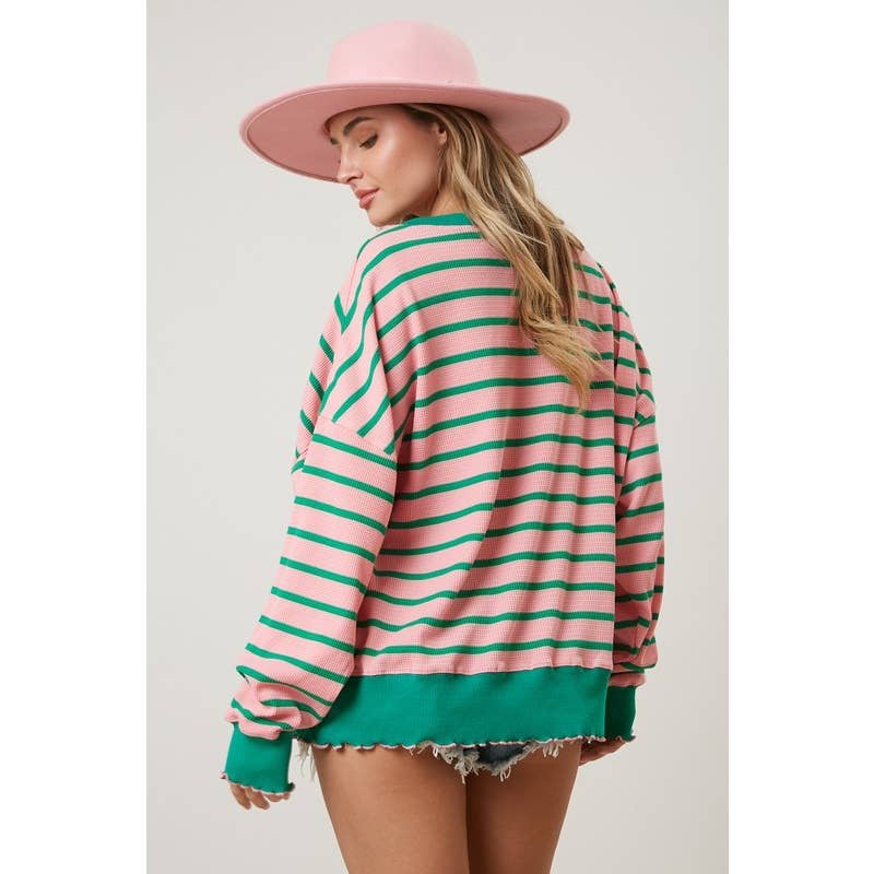 Oversized Pink and Green  Stripe Knit Top Spring-Summer STYLE USA