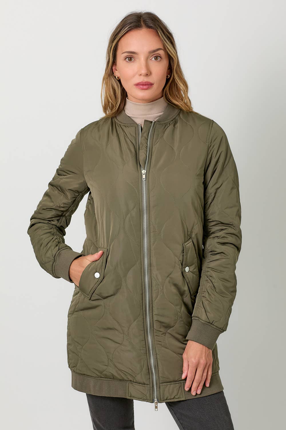 Mystree - 60268 Quilted Long Bomber Jacket Mystree