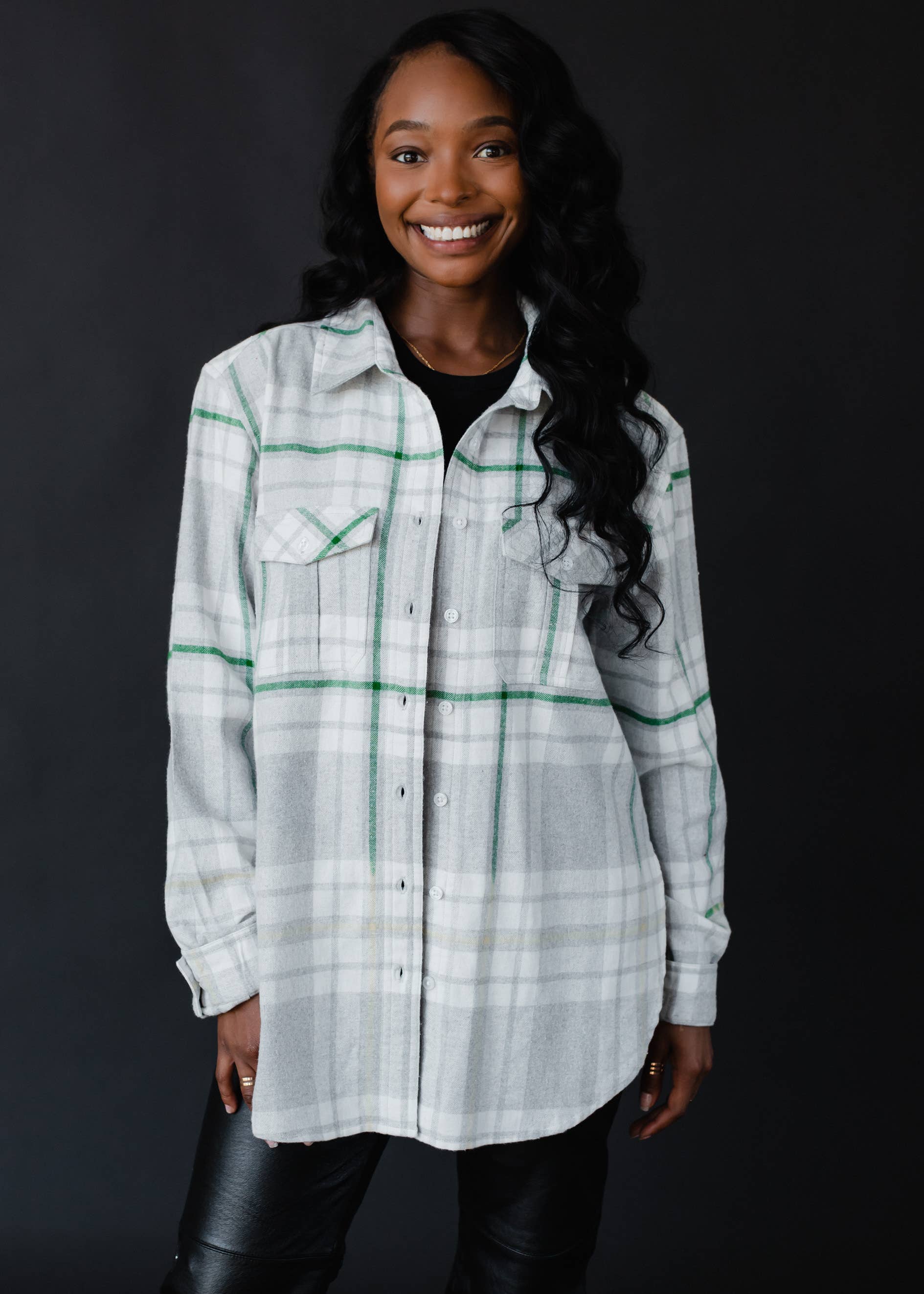 Panache Apparel Co. - Gray, Cream & Green Plaid Flannel  Panache Apparel Co.