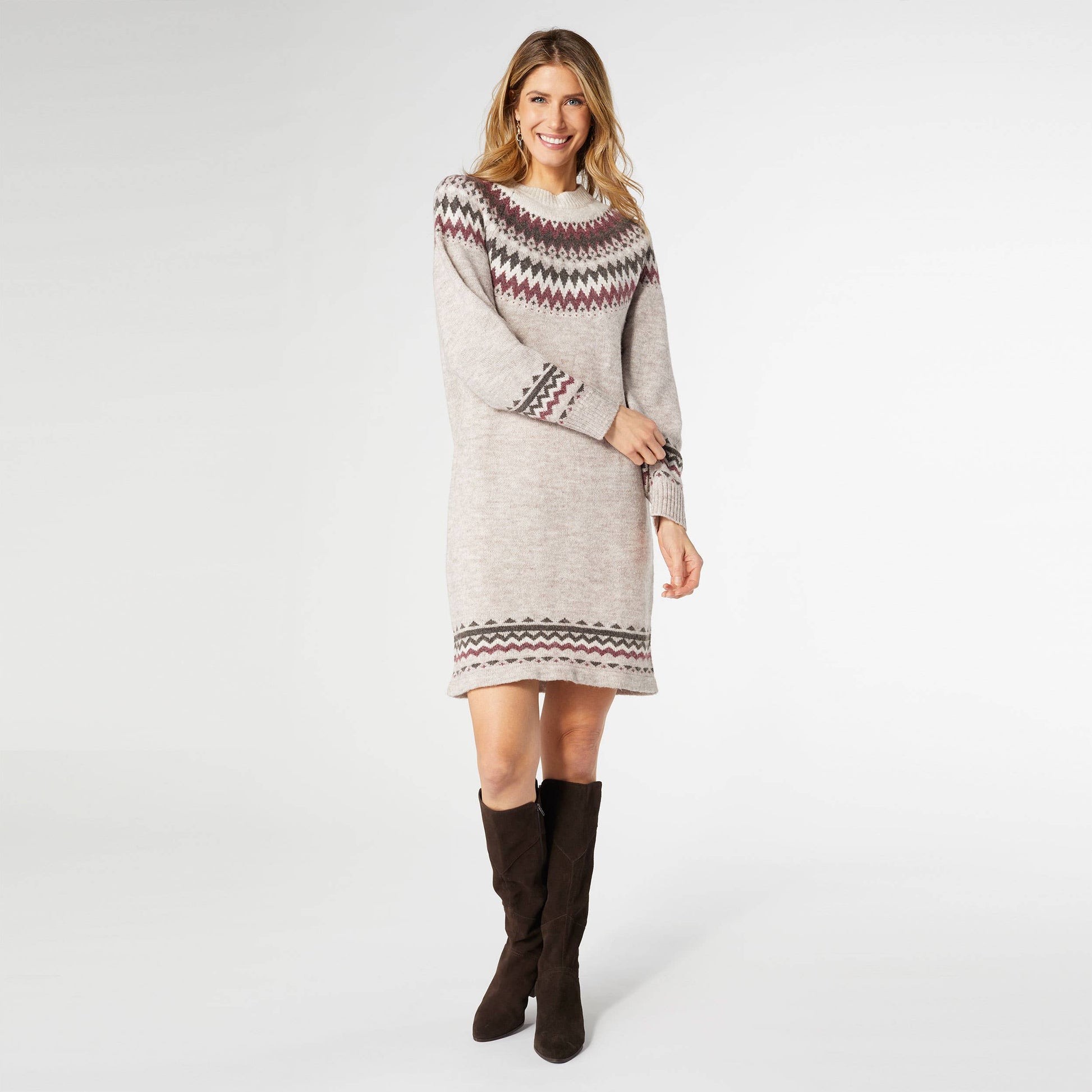 Taupe, Cream, & Wine Fair Isle Sweater Dress Fall-Winter COCO + CARMEN