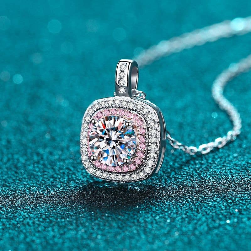 Pink Moissanite Halo Charm Necklace in 925 Sterling Silver Core Perimade & Co. LLC