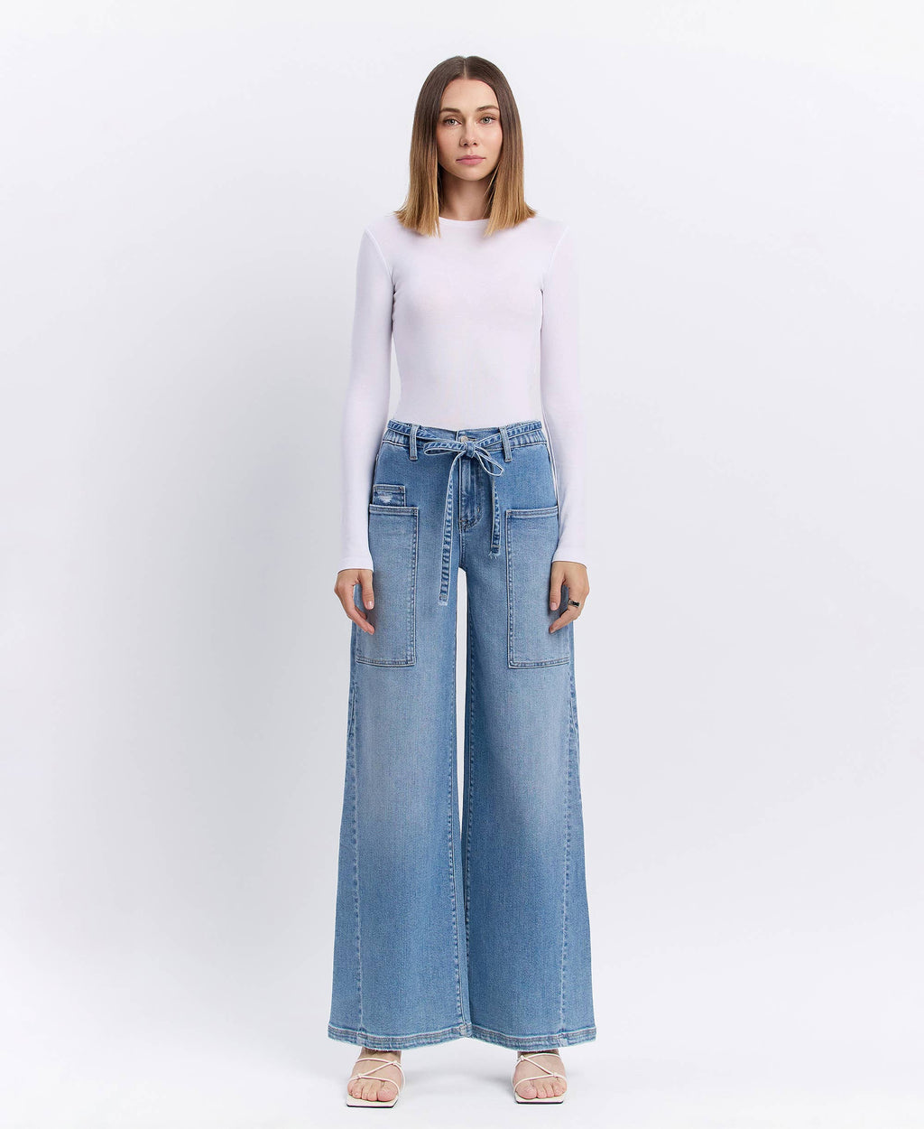 HIGH RISE ELASTIC TIE WAISTBAND BAGGY WIDE JEANS