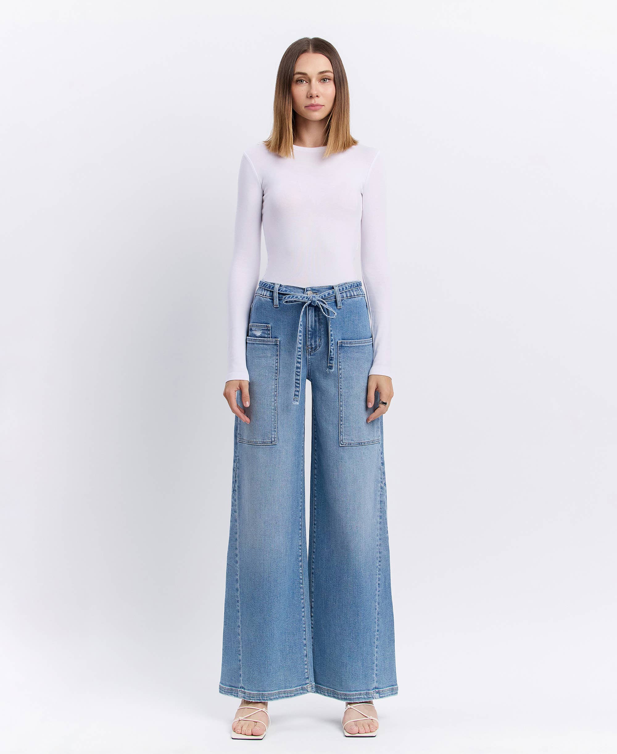 HIGH RISE ELASTIC TIE WAISTBAND BAGGY WIDE JEANS