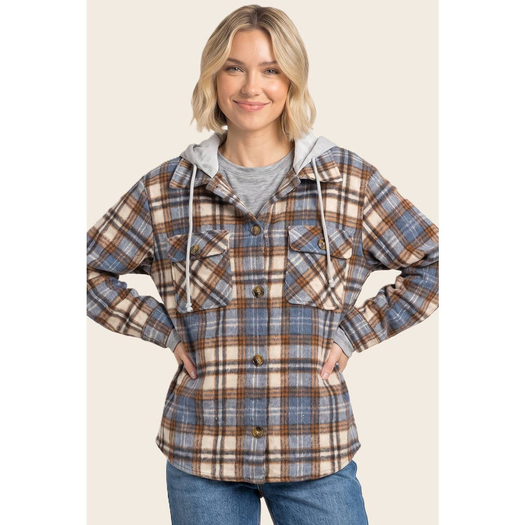 TERRY HOODED BRUSHED PLAID SHACKET