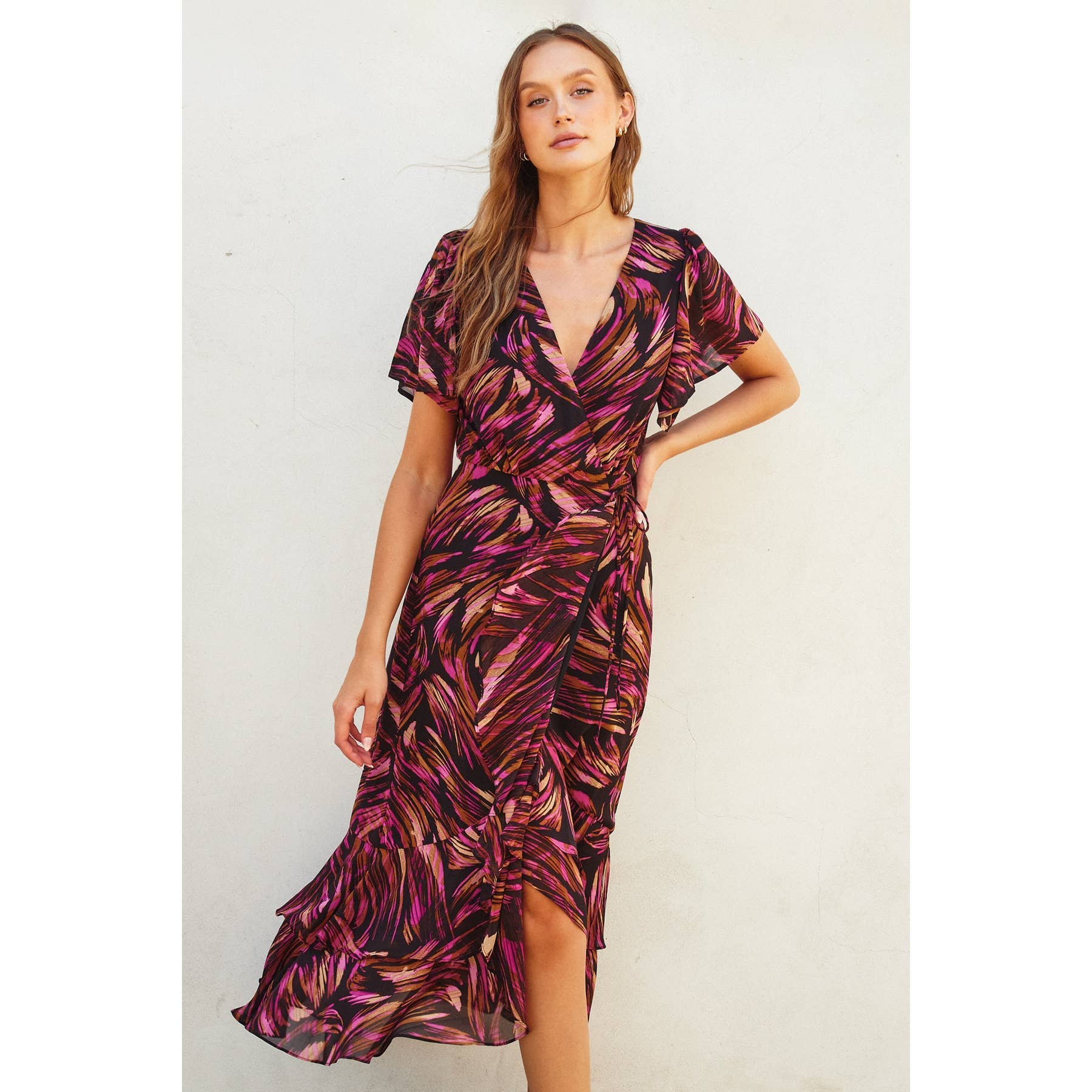 Lights Out Plum Orche Double Ruffled Hem Wrap Dress Dress Forum