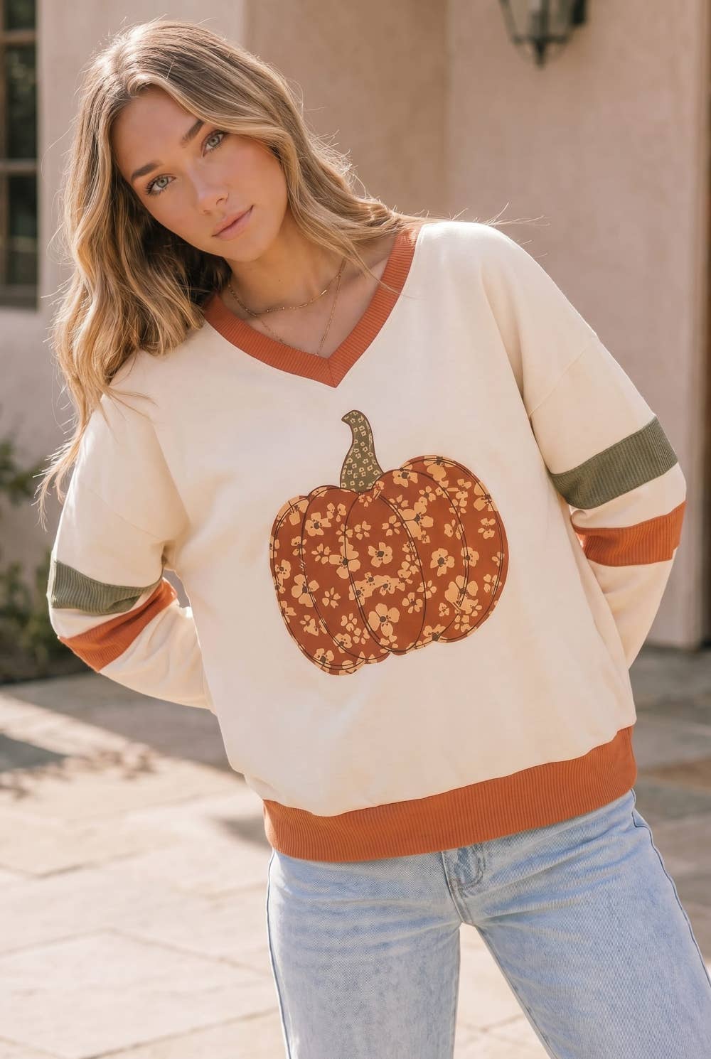 Floral Pumpkin V Neck Sweatshirt
