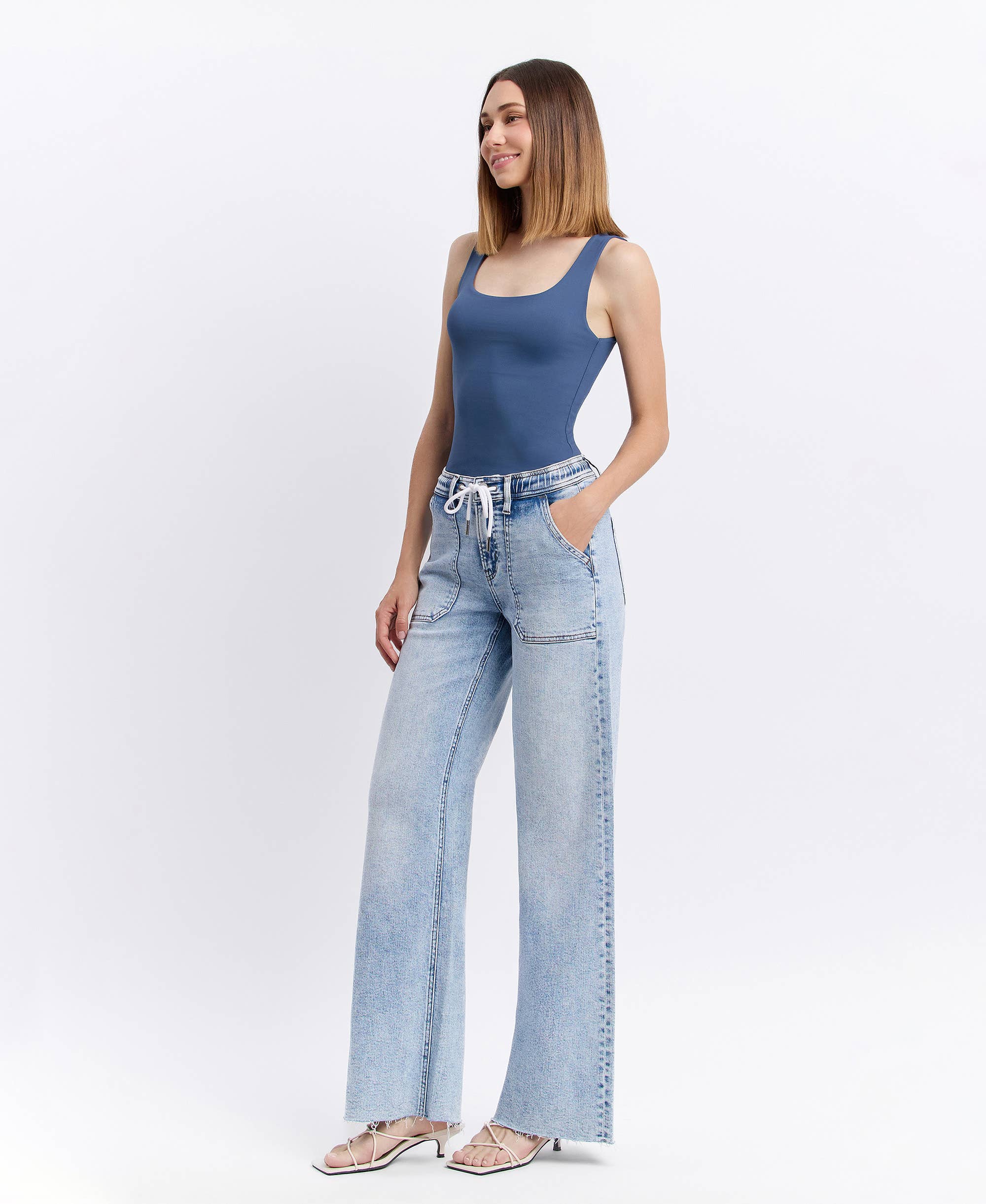 FLYING MONKEY - HIGH RISE DRAWSTRING WAISTBAND WIDE LEG JEANS F6065 FLYING MONKEY